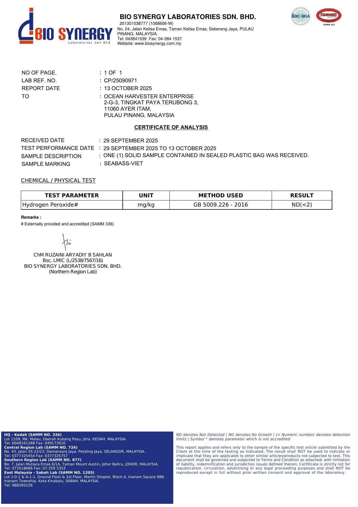 Independent bleaching laboratory test report for ocharves fish scale collagen