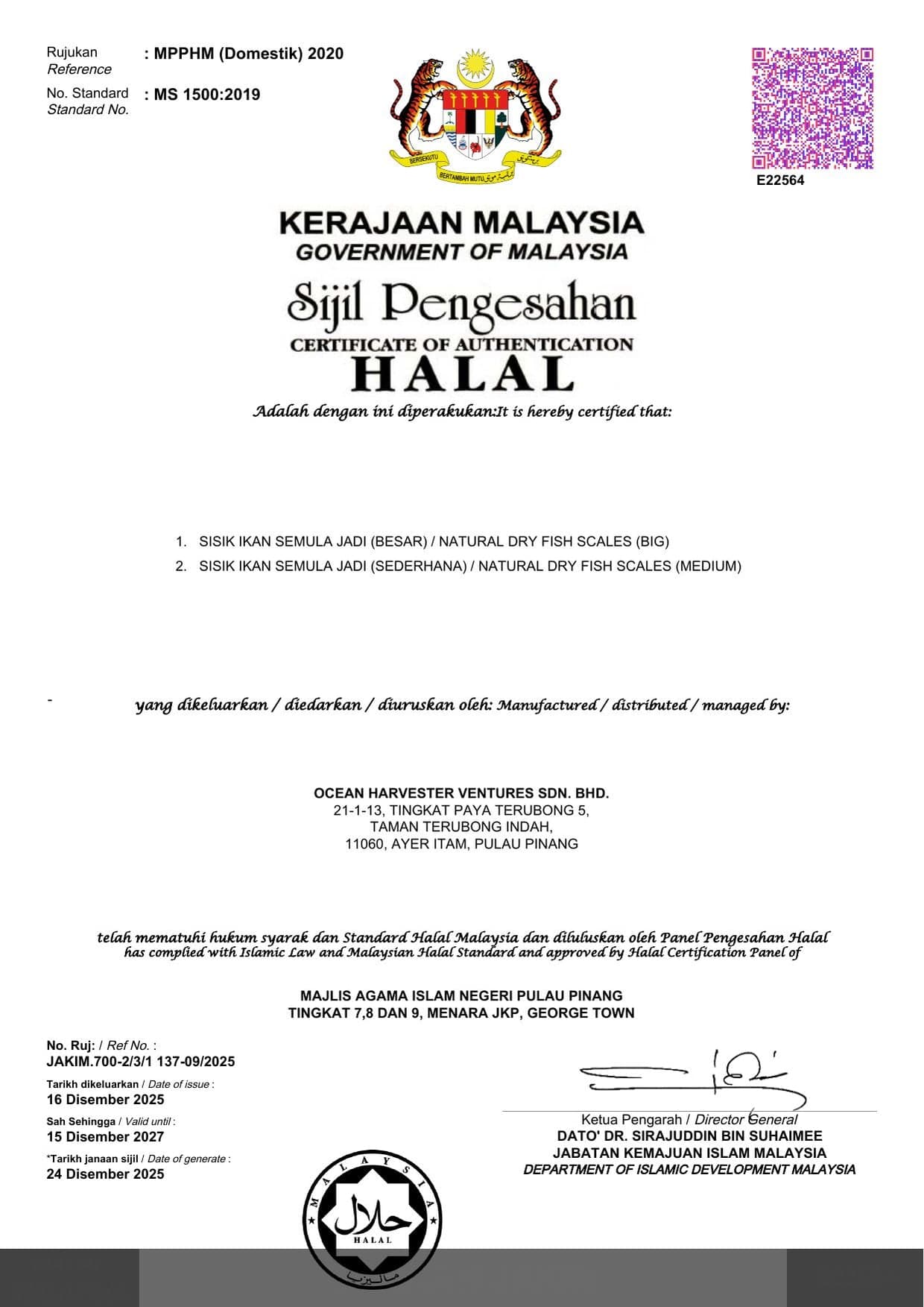 Halal certificate for ocharves dried fish scale collagen