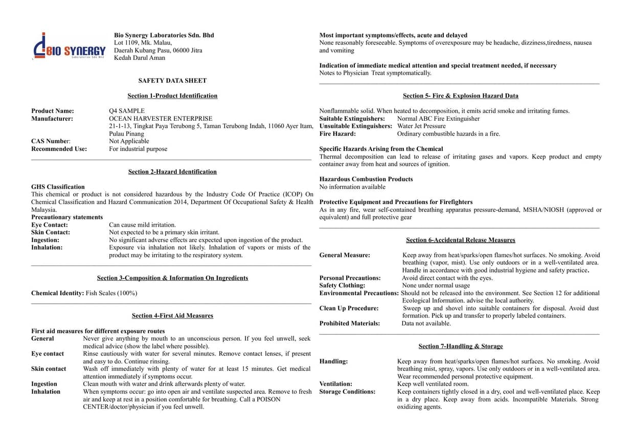 Material Safety Data Sheet (MSDS) for ocharves dried fish scale collagen