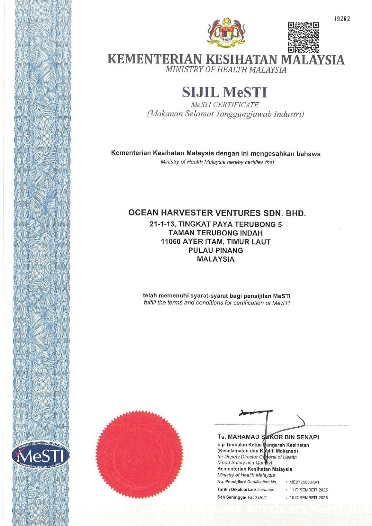 MeSTI food-safety certificate for ocharves dried fish scale collagen