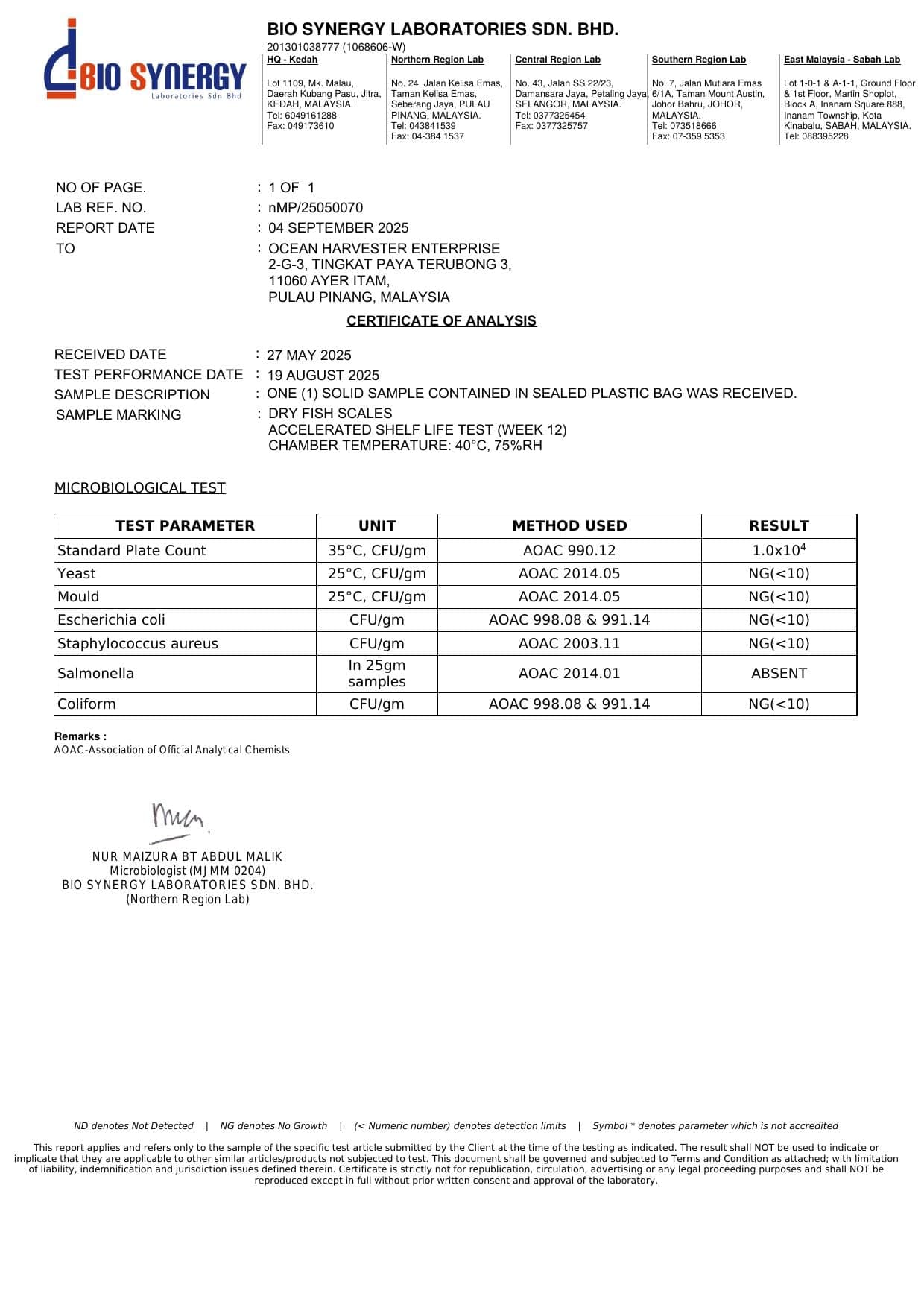 Shelf-life assessment report for ocharves dried fish scale collagen